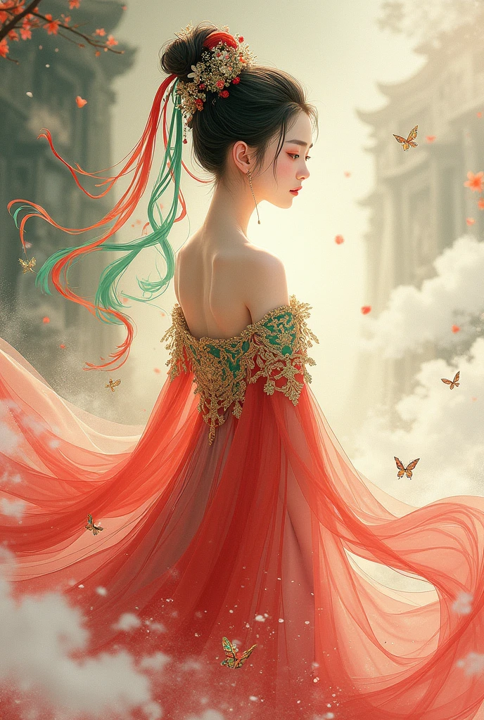 Watercolor style,Rendering style,Dunhuang flying art,A Chinese girl wearing a sheer dress,Wearing a Chinese headdress,Clothing color is red、green、Gold tricolor,Ribbons are flying in the air,Lucky clouds in front,Grotto art background in the back,Gold line outline,Clarity、mystery,illustration、poster,High-resolution
