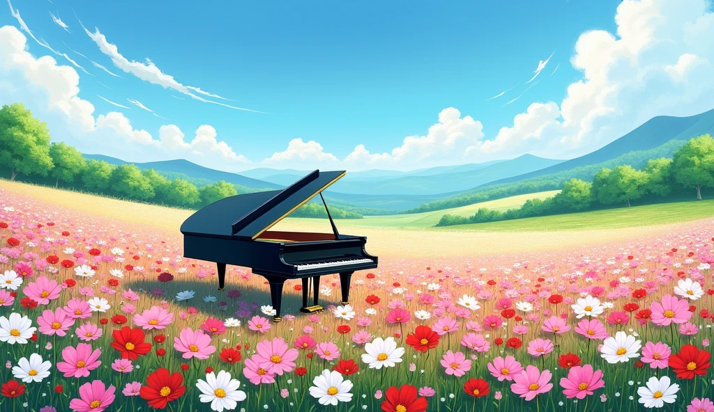 「Beneath a blue sky and white clouds、Wideがる花畑の風景。丘陵地帯にWideがるピンクや白、Red cosmos blossoms in abundance、A lush green forest is visible in the far distance。The overall scenery is bright and cheerful、Wide々A summer day landscape that evokes a sense of peace and tranquility。A black grand piano is placed in a field of flowers。Realistic watercolor painting