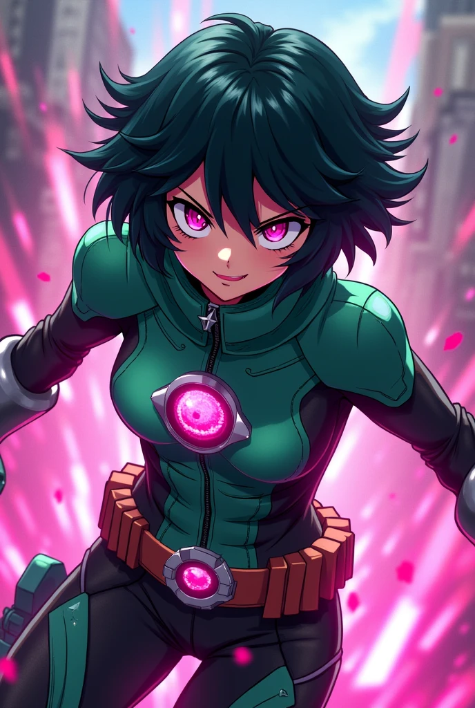 Create an anime character in the style of My Hero Academia with medium length black choppy hair and straight bangs, magenta eyes, Green and black hero uniform with special magenta crystal ability