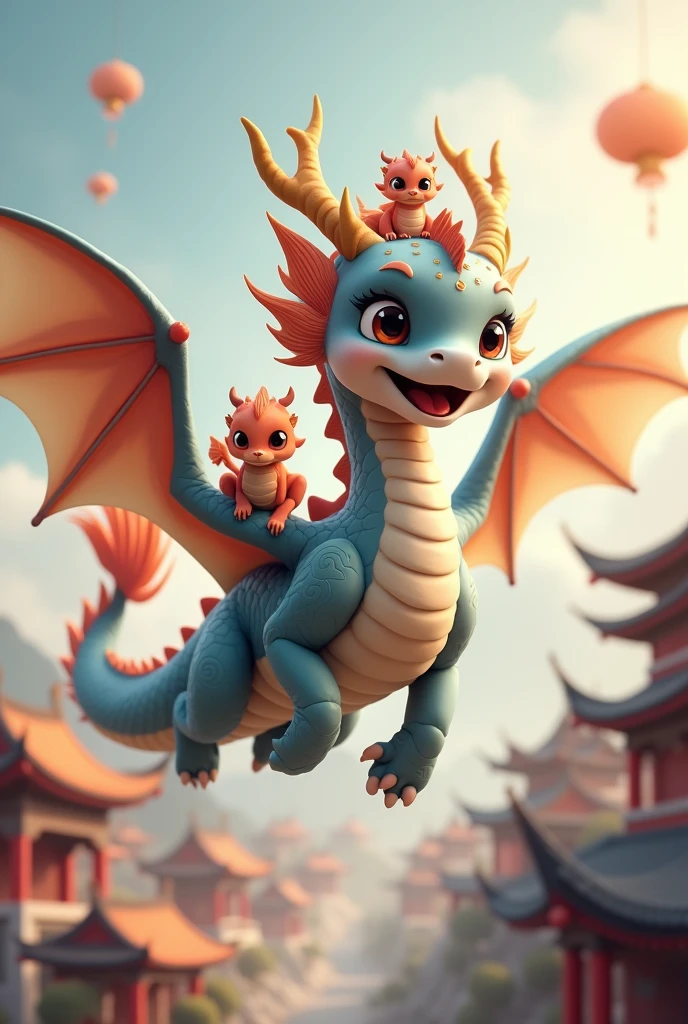 A gray Chinese dragon,huge,cute style,Warm expression,fly,with a few small dragons on its back,cute style,Chinese style in the background