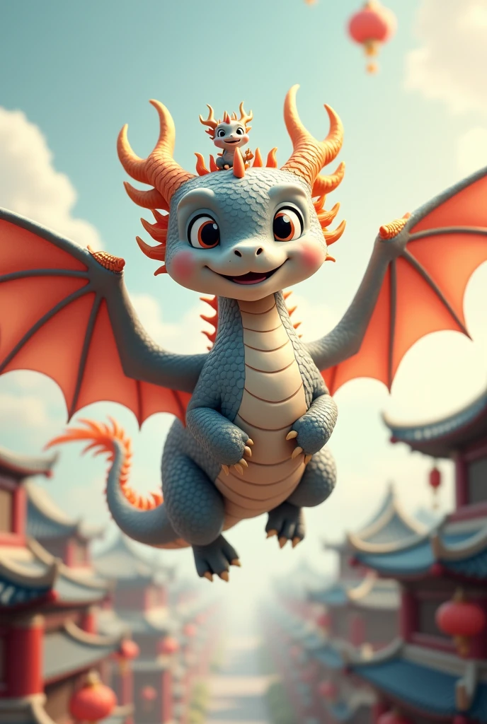 A gray Chinese dragon,huge,cute style,Warm expression,fly,with a few small dragons on its back,cute style,Chinese style in the background