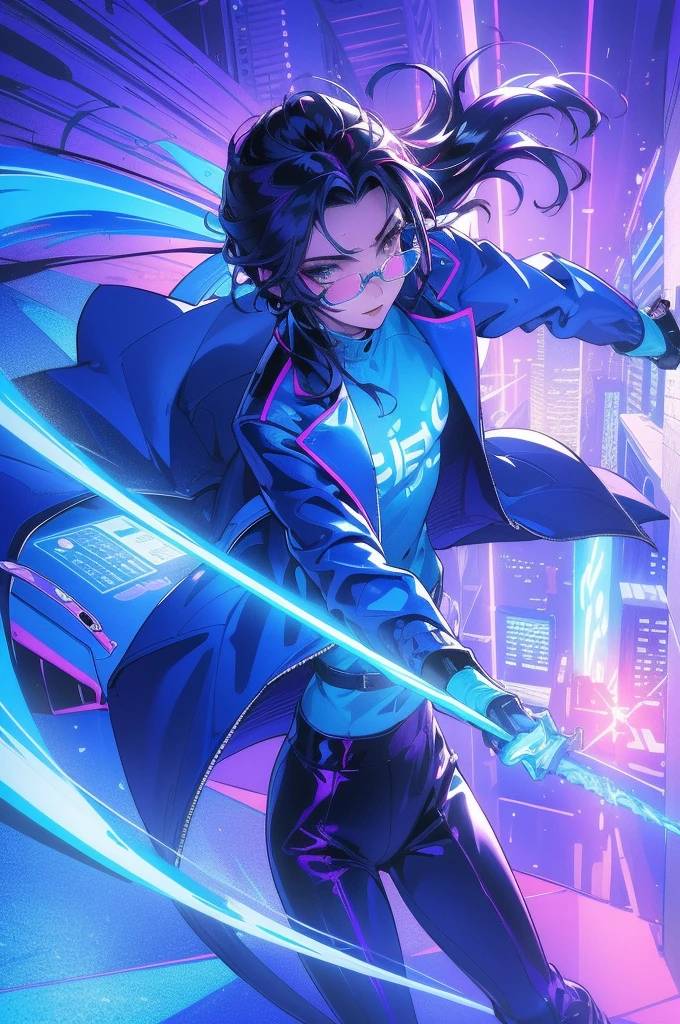 For the audience,(masterpiece, Top quality, best quality, Official Art, beautiful and aesthetic:1.2),(Blue-violet Neon Lighting), (Vibrant light), Dynamic Color, sharp contrast, futuristic vibe, Electricity,Shiny reflective surface,(city View:1.3),8K,Official Wallpapers, best quality,Best to draw in style,A boy wearing glasses,Wearing a sweatshirt