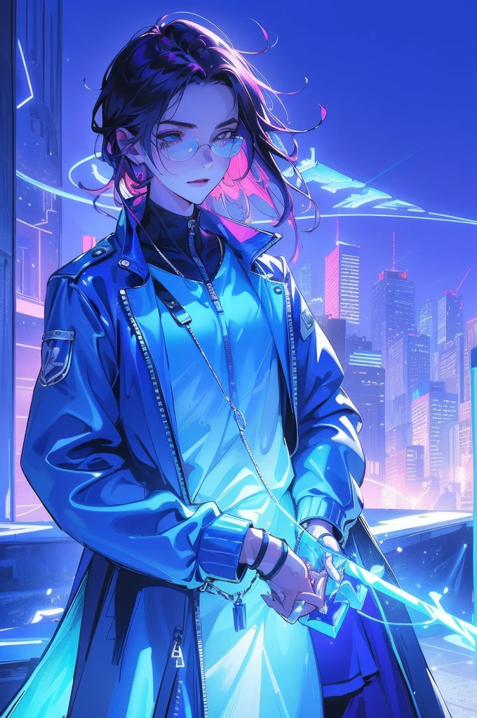 For the audience,(masterpiece, Top quality, best quality, Official Art, beautiful and aesthetic:1.2),(Blue-violet Neon Lighting), (Vibrant light), Dynamic Color, sharp contrast, futuristic vibe, Electricity,Shiny reflective surface,(city View:1.3),8K,Official Wallpapers, best quality,Best to draw in style,A boy wearing glasses,Wearing a sweatshirt