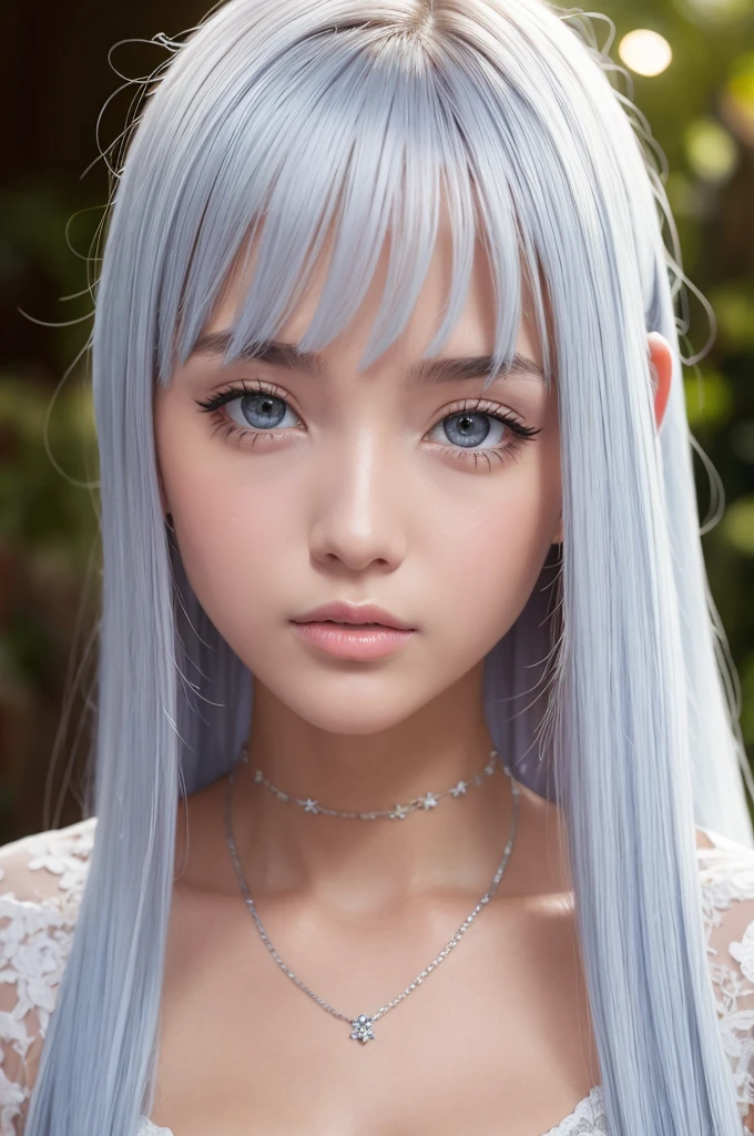 masterpiece, best quality, illustration, sax blue, platinum earrings, platinum necklace, white dress, 1girl, cute, (dynamic lighting:1.2), cinematic lighting, delicate facial features, detailed eyes, sharp pupils, realistic pupils, in a flower garden, depth of field, bokeh, sharp focus, (hyper-detailed, bloom, glow:1.4), many small gems