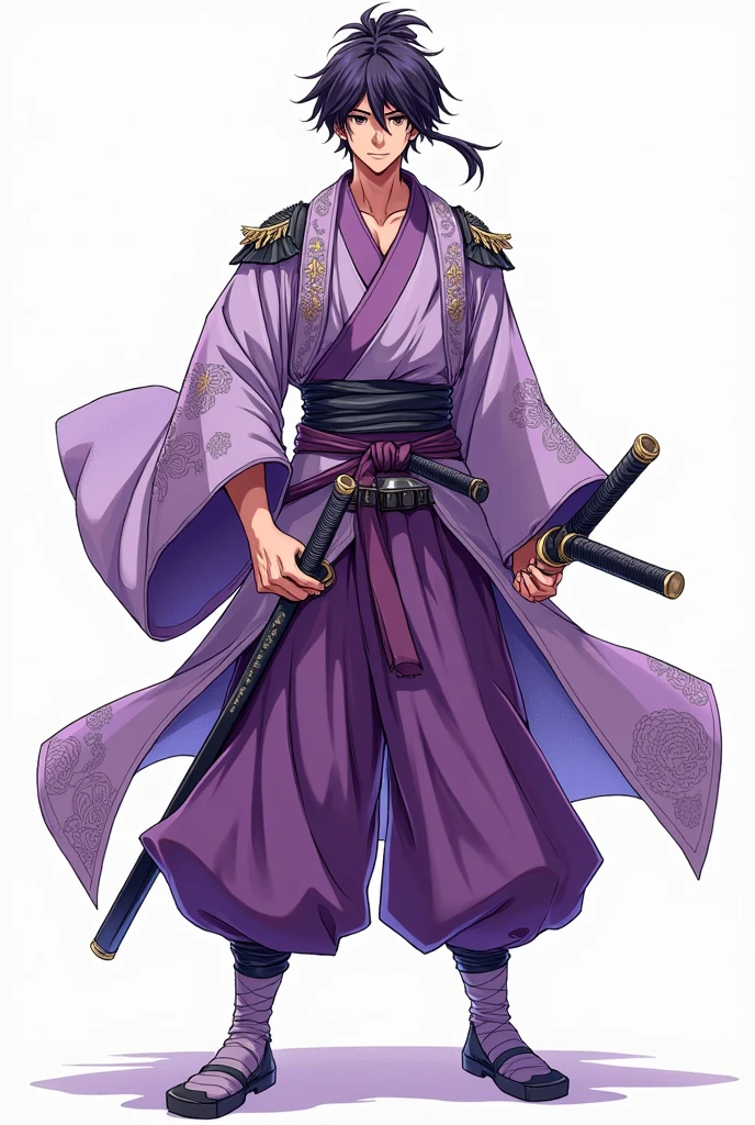 (illustrator) sketsa anime, samurai, kimono, blurple, front position, full body, boy, age 18