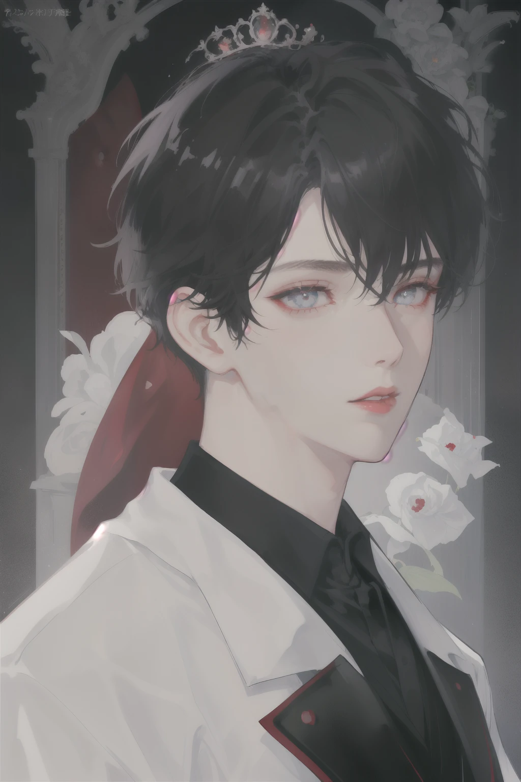 (masterpiece),(individual) Seductive eyes, Soft red lips, pure white,No pupil, Full bangs, Black short hair, Perfect face, Black suit suit, Roll up sleeves, Anime Cover, 1 boy, Solitary, portrait, Prince-like face, Pretty face,Royal Family,elegant,rational
