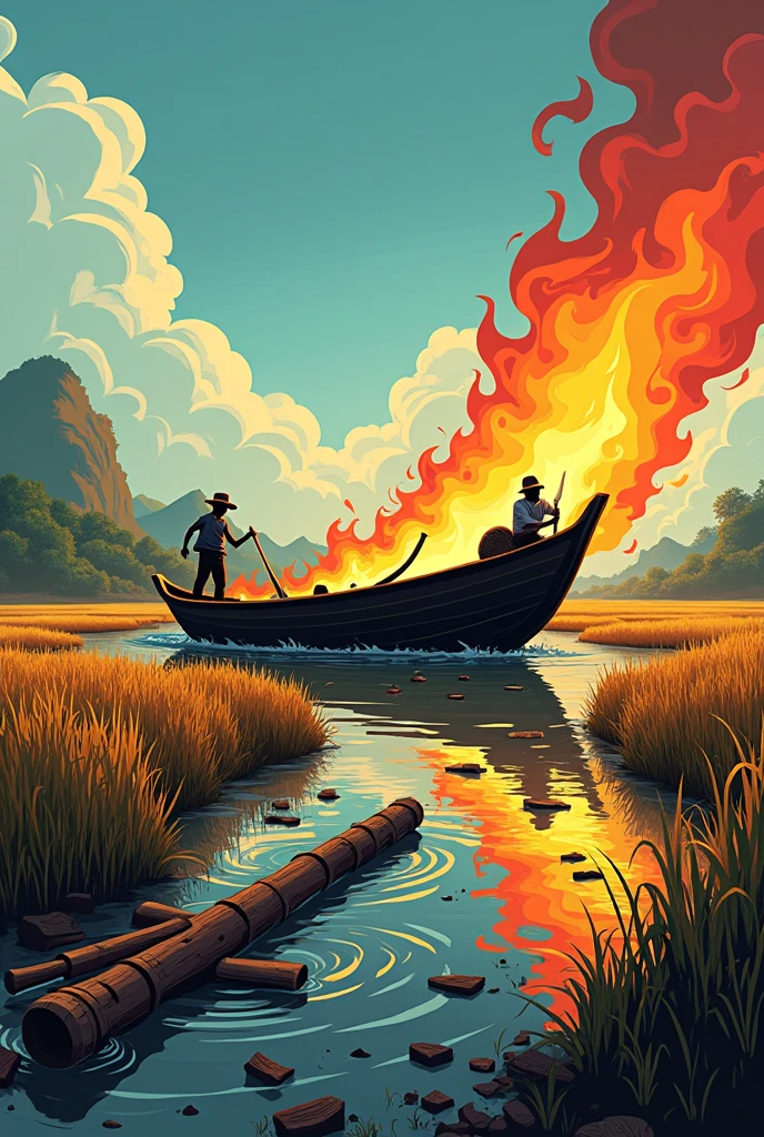 Create a cartoon scene where a boat is sinking,paddy is on fire and an agricola is broken