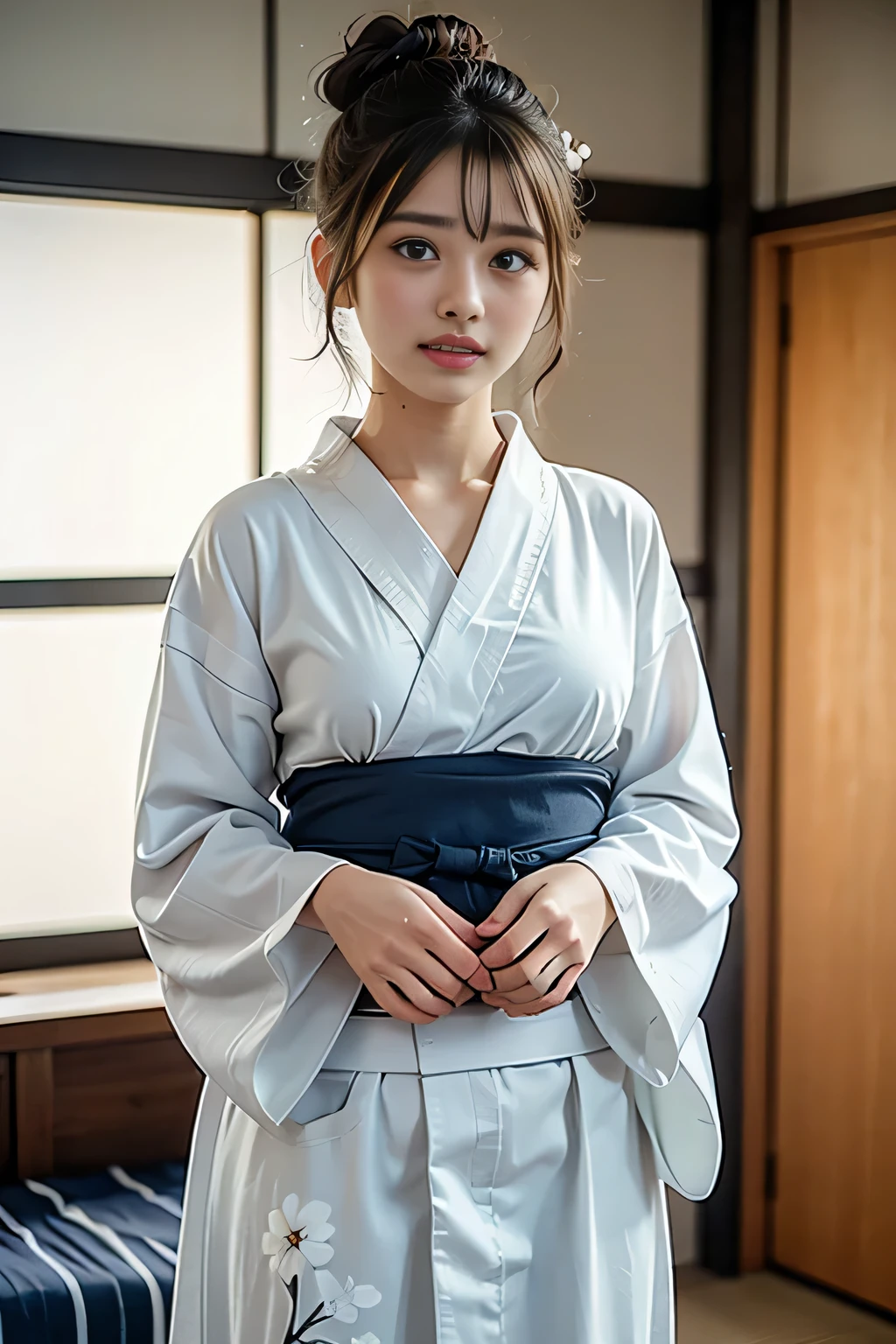 (Tabletop, Highest quality:1.4), Beautiful Face, 8k, 85mm, Absurd,、((Traditional Japanese room(with futon)))、((White floral yukata:1.4)), ((Cowboy Shot:1.4))、Delicate, alone, ((Single hair bun:1.4))、night, View your viewers, Upper Body, Film Grain, chromatic aberration, Sharp focus, Face Light, Professional Lighting, Sophisticated, (smile:0.4), (Simple Background, Bokeh Background:1.2), Detailed aspect