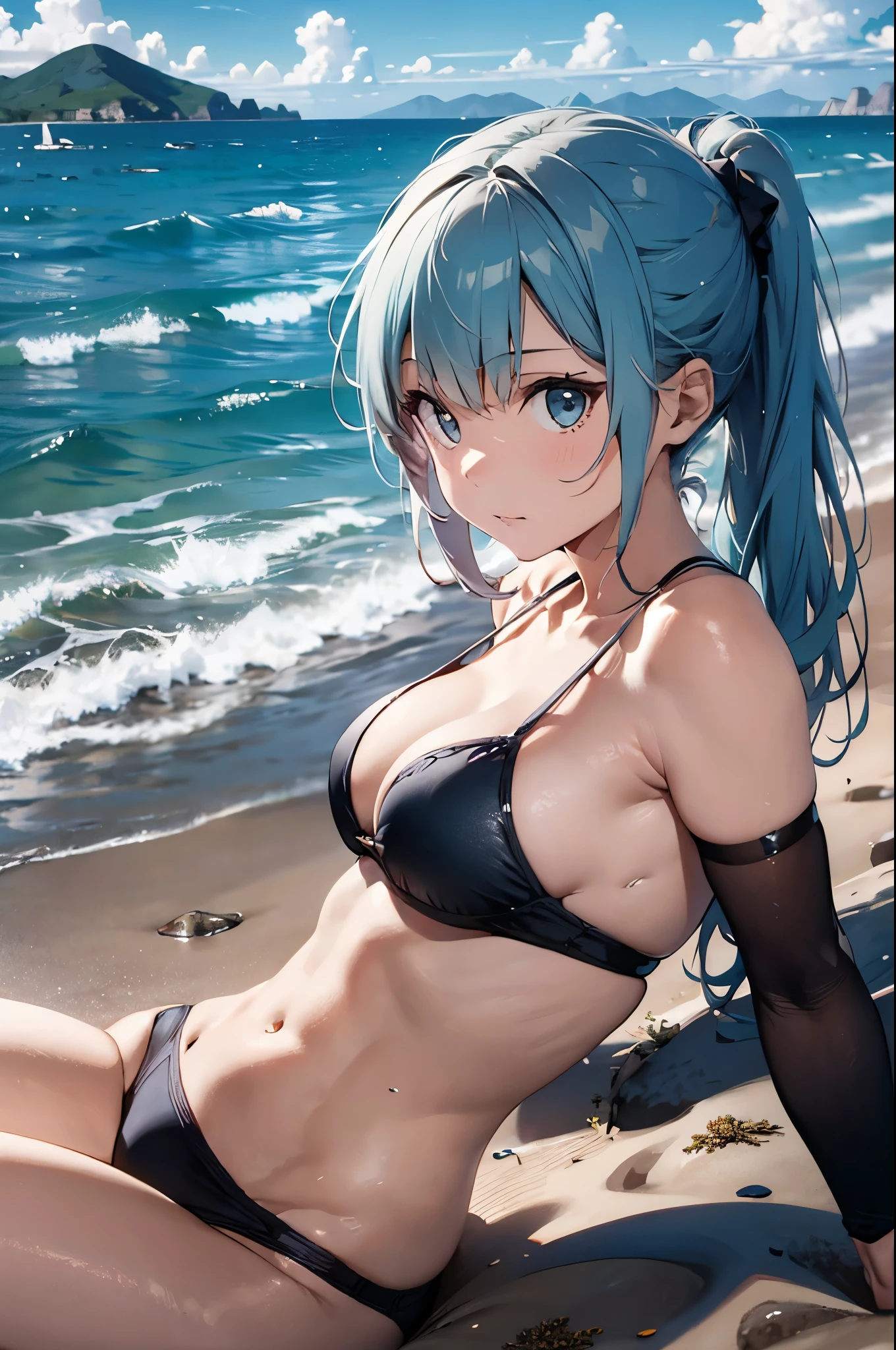 High resolution,topless、
One beautiful young woman,Light blue hair、ponytail、
(Soft Saturation:1.3), (Fair skin:1.2),
(ultra-Detailed Background, Detailed Background), Bokeh,
break&#39;Smiling portrait.,
When viewed from the front, The composition is symmetrical,
Looking straight at you with serious eyes,
break Swimwear, Red Bikini, Center of chest, 
Outdoor, Sea surface, null, sunlight,Summer beach, Sandy Beach,
Strong light, Front lighting, 
(Teen:1.3), (Cowboy Shot:1.2),
Front brake angle,
View your audience,
Dynamic pose,
sitting on the beach

Seaweed、Seaweed、Seaweed、Seaweed、Seaweed、Seaweed、Seaweed、