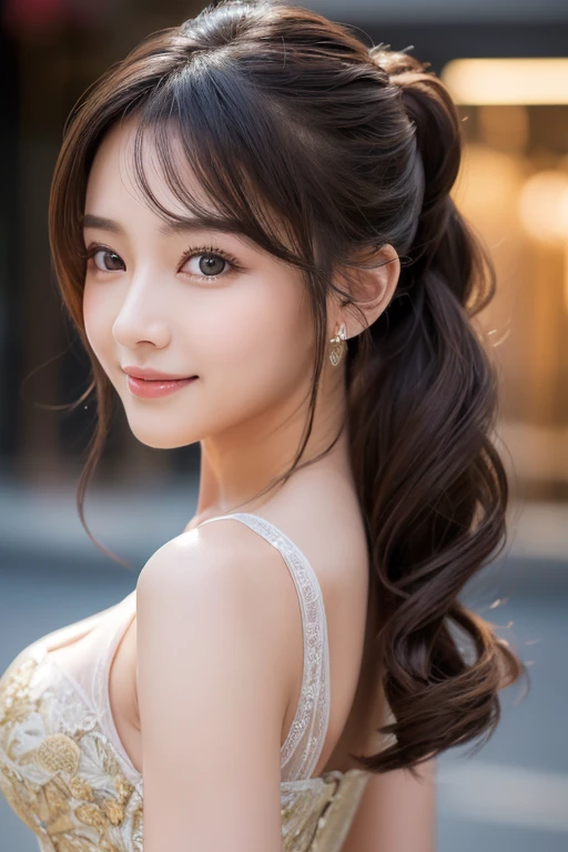 (masterpiece:1.3), (8k, Realistic, RAW Photos, Best image quality: 1.4), 25 year old girl、(Random Hairstyles:1.2)、Highly detailed face、Attention to detail、double eyelid、Sharp focus:1.2、Beautiful woman:1.4、Light brown hair、Highest quality、masterpiece、Ultra-high resolution、(Realistic:1.4)、Highly detailed and professional lighting、Brown Knight、thin、smile、Long black hair、Beautiful Skin、Random Pause、Shiny Hair、Sculpture model pose、Exposed cleavage