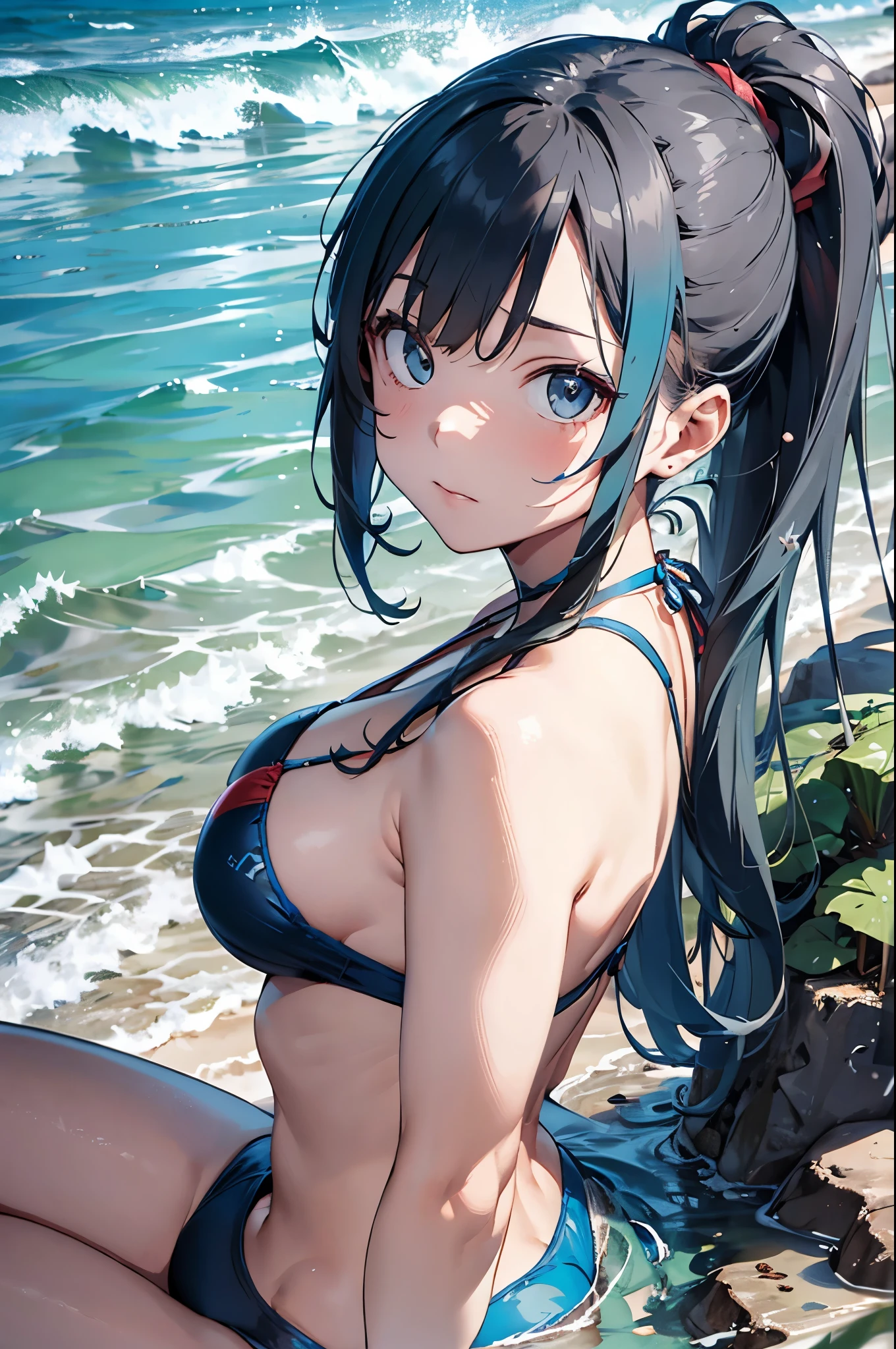 High resolution,topless、
One beautiful young woman,Light blue hair、ponytail、
(Soft Saturation:1.3), (Fair skin:1.2),
(ultra-Detailed Background, Detailed Background), Bokeh,
break'Smiling portrait.,
When viewed from the front, The composition is symmetrical,
Looking straight at you with serious eyes,
break Swimwear, Red Bikini, Center of chest,
Outdoor, Sea surface, null, sunlight,Summer beach, Sandy Beach,
Strong light, Front lighting,
(:1.3), (Cowboy Shot:1.2),
Front brake angle,
View your audience,
Dynamic pose,
sitting on the beach
Seaweed、Seaweed、Seaweed、Seaweed、Seaweed、Seaweed、Seaweed、
