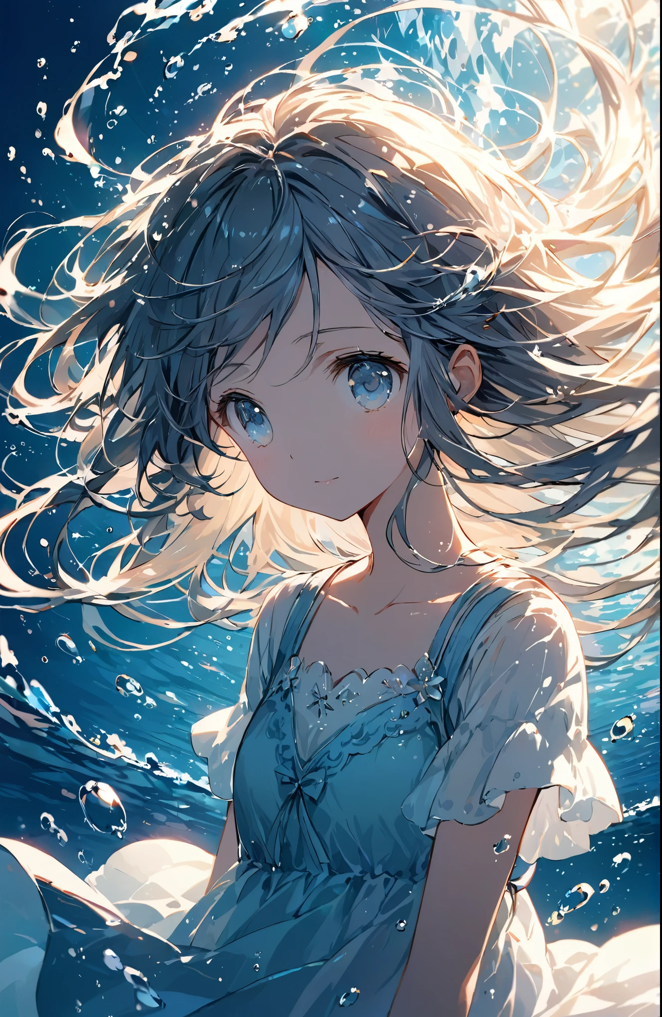((Amazingly absurd)),超High resolution, Attention to detail, high quality, High resolution, 最high quality, 4K, 8k、cute,close-up,The protagonist is a girl in her ,The girl's appearance is slender and delicate,Characterized by large eyes and long hair,The girl is wearing a underwater propulsion device、Graceful swimming motion,The girl's expression is full of curiosity and a spirit of exploration,Incorporate delicate expressions in the girl's gestures and poses,Depict the girl's hair and clothes swaying gracefully underwater,Pay attention to the appearance of the city ahead of the girl's gaze