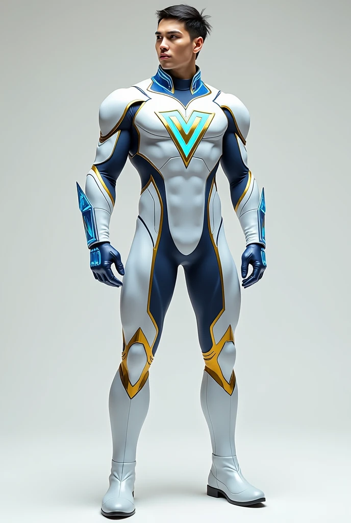 "Generate a superhero character with a dynamic and striking appearance. The superhero's suit is predominantly pearl white with accents of crystal blue. The hand gloves are a blend of crystal blue and golden, adding a bold contrast. The boots are light black, balancing the overall color scheme. At the center of the suit, there is a small, shining 'V' letter logo in crystal blue, encased within a golden circle that gleams with a subtle shine. The superhero sports a low-faded haircut, enhancing the modern, sleek look. The character should embody power, confidence, and agility."
