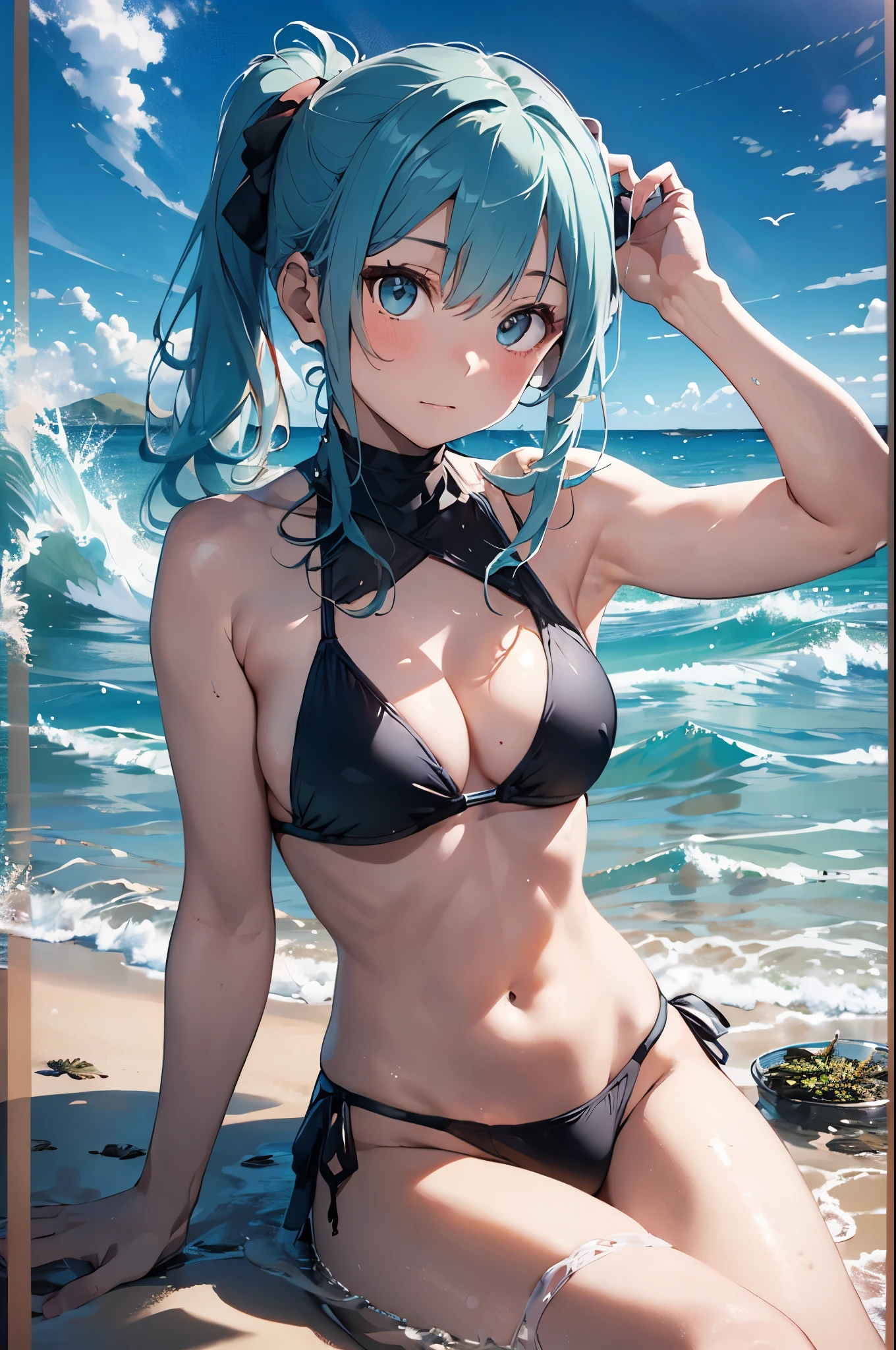 High resolution,topless、
One beautiful young woman,Light blue hair、ponytail、
(Soft Saturation:1.3), (Fair skin:1.2),
(ultra-Detailed Background, Detailed Background), Bokeh,
break&#39;Smiling portrait.,
When viewed from the front, The composition is symmetrical,
Looking straight at you with serious eyes,
break Swimwear, Red Bikini, Center of chest, 
Outdoor, Sea surface, null, sunlight,Summer beach, Sandy Beach,
Strong light, Front lighting, 
(Teen:1.3), (Cowboy Shot:1.2),
Front brake angle,
View your audience,
Dynamic pose,
sitting on the beach

Seaweed、Seaweed、Seaweed、Seaweed、Seaweed、Seaweed、Seaweed、