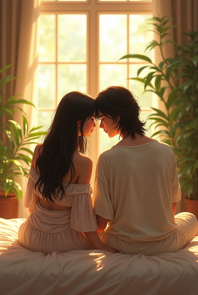 (photorealism:1.2), beautiful asian woman with handsome asian man with longhaired wearing pajama , sitting on bed, wearing loose off-shoulder top, pajama pants, long hair, indoors, soft lighting, plants in background, window with sunlight, cozy room, relaxed pose, realistic, intricate details, warm colors, by Greg Rutkowski, by Alphonse Mucha