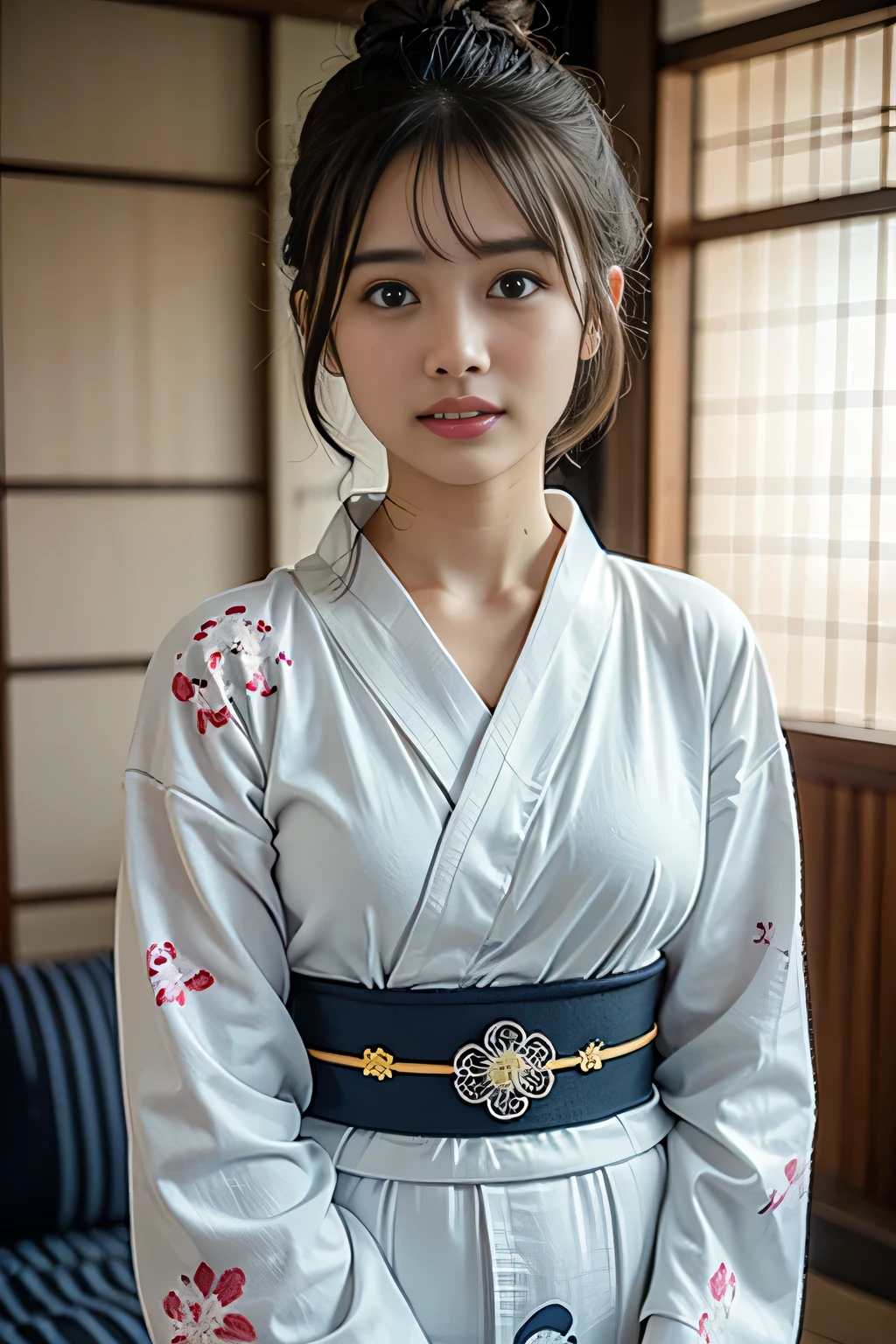 (Tabletop, Highest quality:1.4), Beautiful Face, 8k, 85mm, Absurd,、((Traditional Japanese room(with futon)))、((White floral yukata:1.4)), ((Cowboy Shot:1.4))、Delicate, alone, ((Single hair bun:1.4))、night, View your viewers, Upper Body, Film Grain, chromatic aberration, Sharp focus, Face Light, Professional Lighting, Sophisticated, (smile:0.4), (Simple Background, Bokeh Background:1.2), Detailed aspect