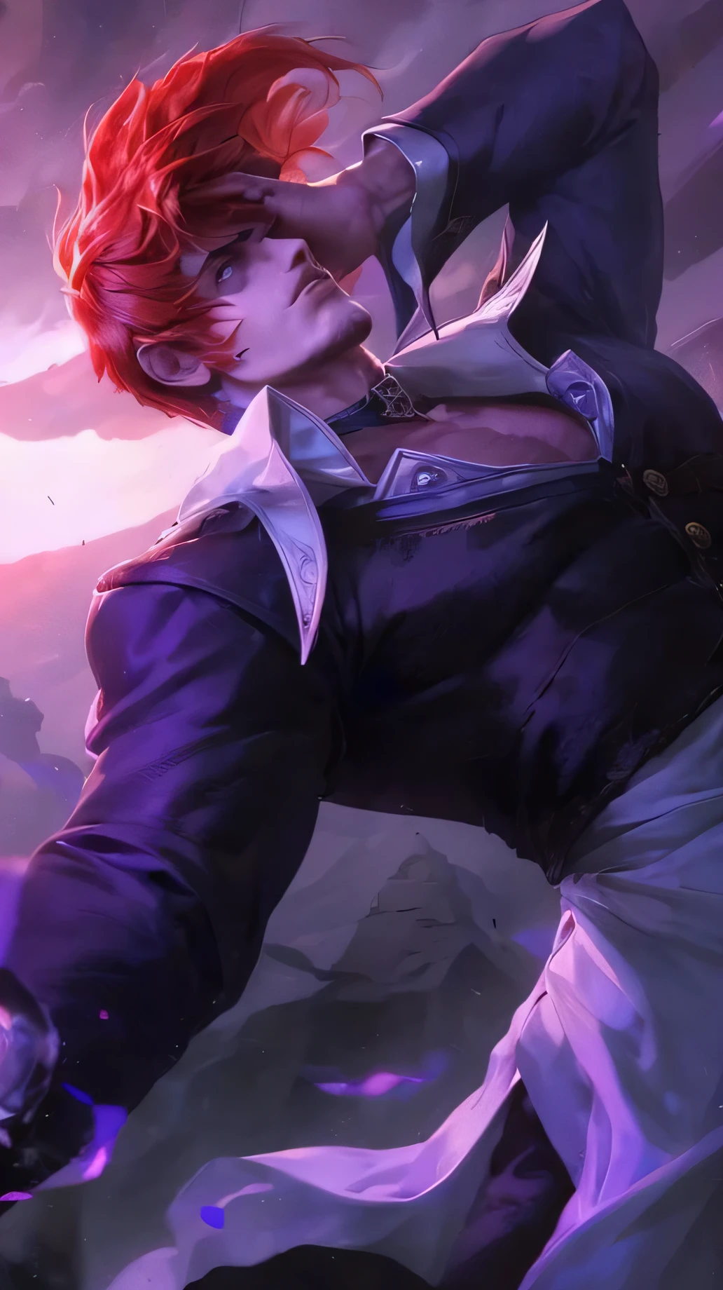 masculine male, masterpiece, ((perfect eyes)) best quality, (semirealism:1.9), beautiful lighting, (extremely detailed CG unity 4k fhd wallpaper), High Detail, Sharp focus, dramatic outdoors, 1 boy ,1, white hair, light purpel eyes, smile.