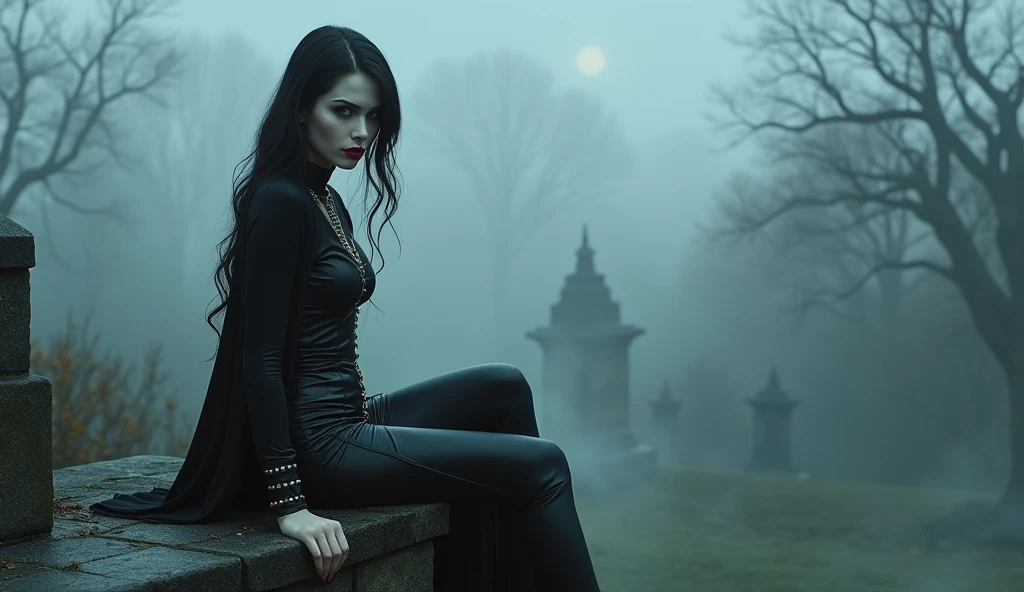 A captivating vampire with porcelain skin and blood-red lips, gracefully perched on the edge of a stone balcony overlooking a mist-covered graveyard. She is adorned in a sleek, black leather outfit with silver accents, and her gaze is both hypnotic and dangerous. The scene is bathed in the soft, ghostly light of the moon, with wisps of fog swirling around her.