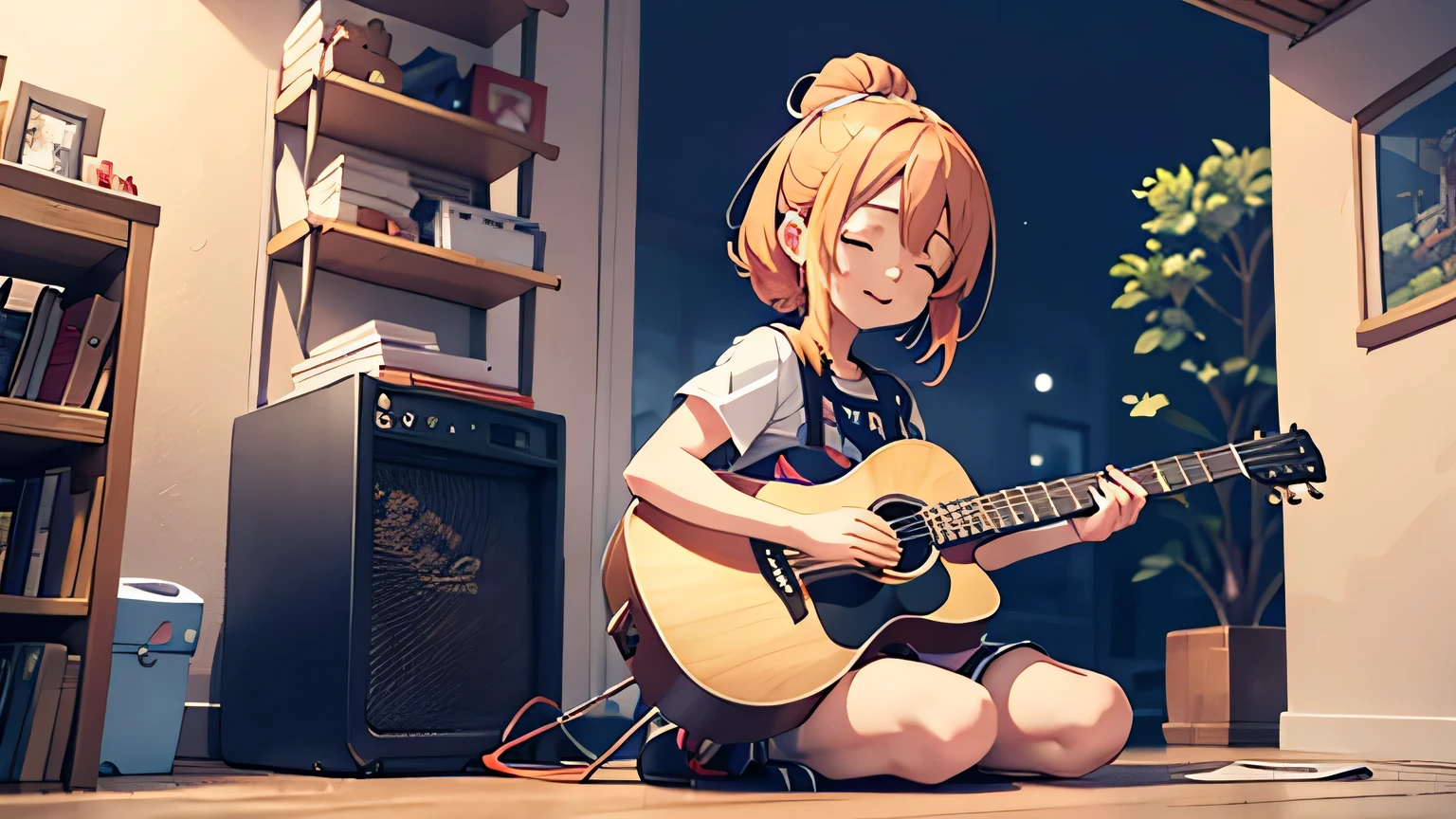 Night view、quiet, Low light、close your eyes、Smile while you play the song、Pixel Art Best Quality, masterpiece, Attention to detail, Extremely elaborate details,Anime girl sitting on a shelf and playing guitar, Anime Art Wallpapers 8K, anime art wallpaper 4k, anime art wallpaper 4k, Anime Style 4k, anime wallpaper 4k, anime wallpaper 4k, anime wallpaper 4k, cartoon wallpaper, 4K wallpaper,, Girl Playing Guitar, LOFI Girl