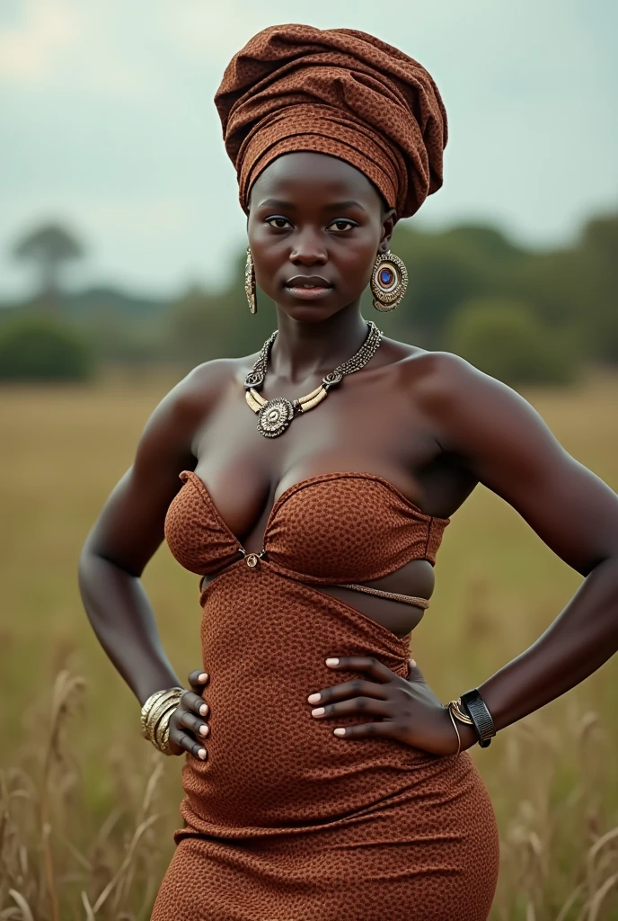 rural Ghanaian woman in traditional dress, sexy cleavage, beautiful, head wrapped in traditional Ghanaian scarf, simple jewelry, posing for photo, looking straight at viewer, very big breasts, sexy pose, detailed expression, full body (1.2)