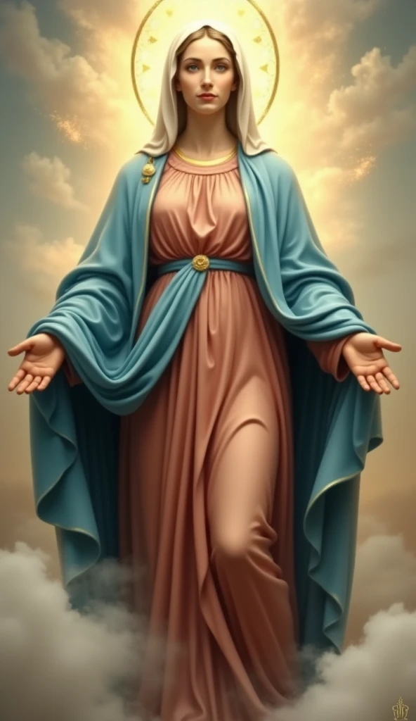 The Immaculate and Beautiful Virgin Mary's Whole Body、She is wearing a reddish-beige tunic with a sky-blue cloak and veil.