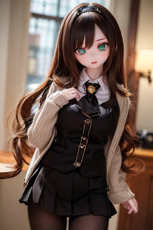 (SFW:2), photorealistic, realistic photo, 8k, ((highest quality)), ((masterpiece)), (extremely detailed), kukolnydom, doll, (mature woman, 21yo, 21 years old, solo:1.6), ((cowboy shot, contrapposto, slim, slender, skinny, medium breasts, hairband, ascot, jacket, pleated skirt, black pantyhose)), (green eyes, brown hair, long hair, plastic skin, looking at another, glass eyes, gradient eyes, shining eyes, detailed eyes:1.3)