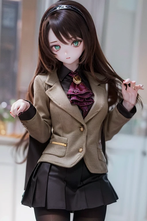 (SFW:2), photorealistic, realistic photo, 8k, ((highest quality)), ((masterpiece)), (extremely detailed), kukolnydom, doll, (mature woman, 21yo, 21 years old, solo:1.6), ((cowboy shot, contrapposto, slim, slender, skinny, medium breasts, hairband, ascot, jacket, pleated skirt, black pantyhose)), (green eyes, brown hair, long hair, plastic skin, looking at another, glass eyes, gradient eyes, shining eyes, detailed eyes:1.3)