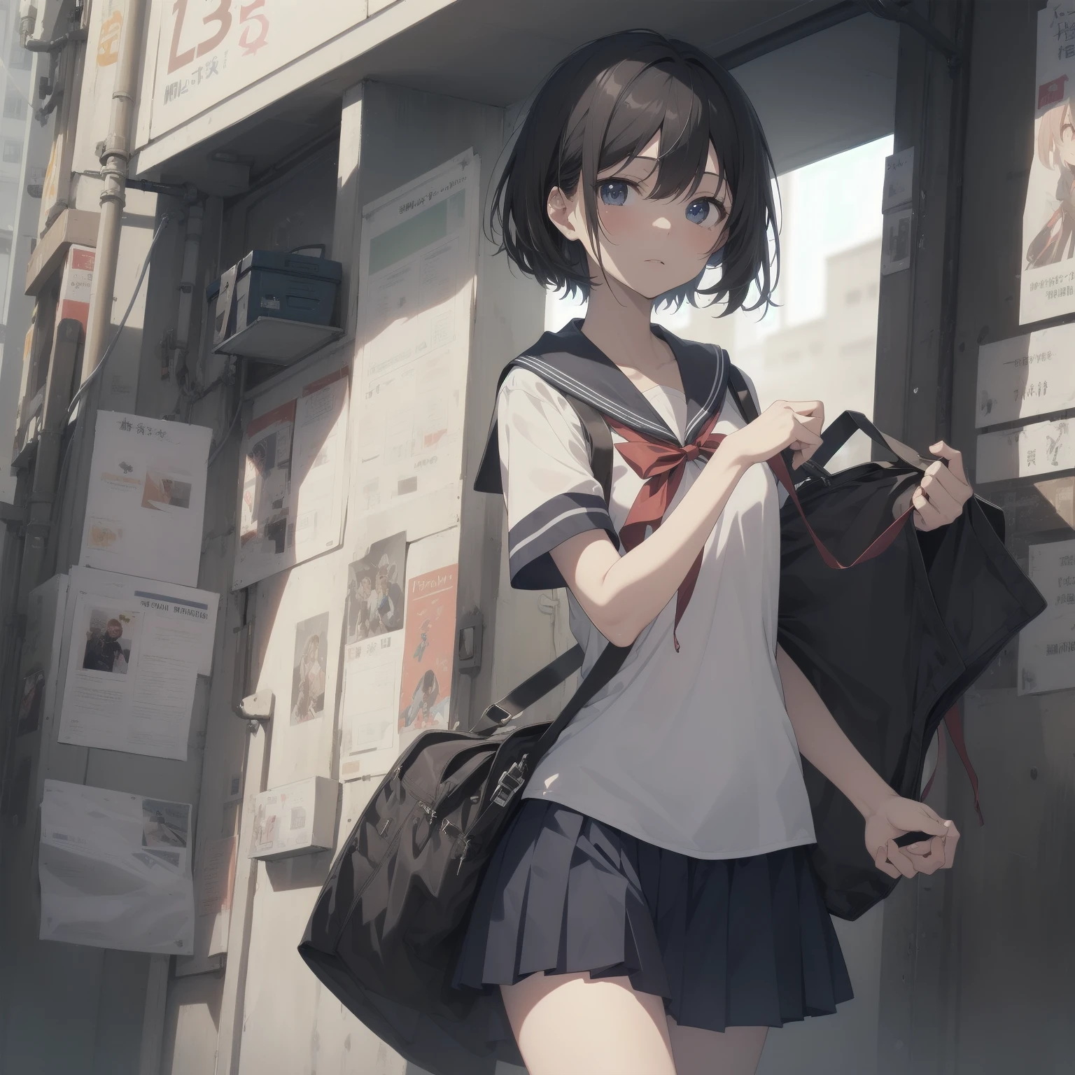 ultra-absurdres-Top quality by artist God, ultra-detailed, high resolution, anime moe artstyle, best anime 8k konachan wallpaper, pixiv contest winner, pool:2810, perfect anatomy,break, 1girl, (Please draw a girl walking sleepily to school alone. )break,(Solo,little female, 13-year-old:1.3),Full limbs, complete fingers,a junior high school student, (very short hair), short cut, flat chest, , small butt, small black eyes, beautiful detailed eyes, well-proportioned iris and pupils, expressive eyes, highres detailed hair, soft expression, salor school_uniform, sailor collar, serahuku, bow, pleated skirt,(Detailed Lighting), (Detailed background), in the School commute route. break,super detailed skin, Best cinematic lighting powered by famous artist, 8k,beauty illustration,photoshop_(medium),very aesthetic,break,((artist:izumi_tsubasu )), artist:clamp ,artist:carnelian ,artist:kantoku ,