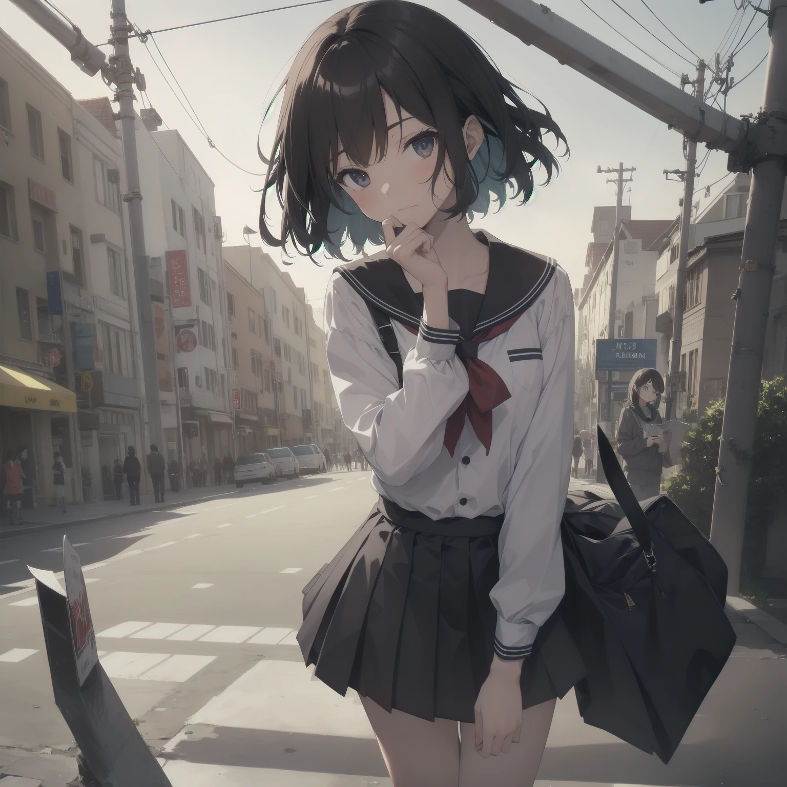 ultra-absurdres-Top quality by artist God, ultra-detailed, high resolution, anime moe artstyle, best anime 8k konachan wallpaper, pixiv contest winner, pool:2810, perfect anatomy,break, 1girl, (Please draw a girl walking sleepily to school alone. )break,(Solo,little female, 13-year-old:1.3),Full limbs, complete fingers,a junior high school student, (very short hair), short cut, flat chest, , small butt, small black eyes, beautiful detailed eyes, well-proportioned iris and pupils, expressive eyes, highres detailed hair, soft expression, salor school_uniform, sailor collar, serahuku, bow, pleated skirt,(Detailed Lighting), (Detailed background), in the School commute route. break,super detailed skin, Best cinematic lighting powered by famous artist, 8k,beauty illustration,photoshop_(medium),very aesthetic,break,((artist:izumi_tsubasu )), artist:clamp ,artist:carnelian ,artist:kantoku ,
