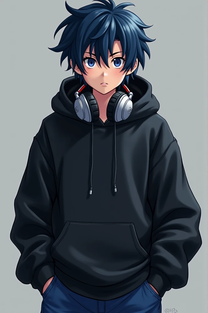 He's a high school-aged boy who looks like a gamer, wearing headphones around his neck. His hair is dark blue. He's wearing a black hoodie and blue pants.