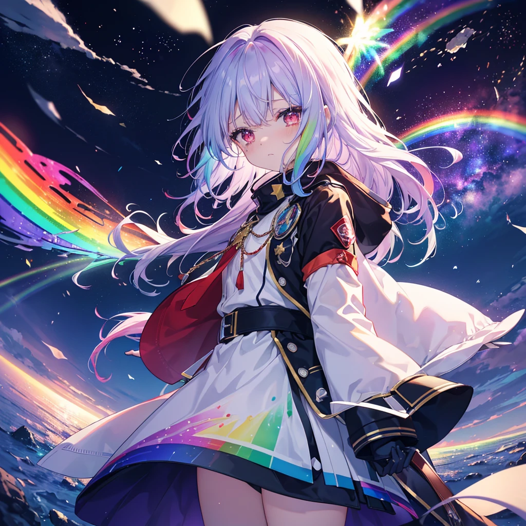 ((Fantasy Rainbow Hair 髪の内側をRainbow colorsに染める Long Hair Dull red eyes,Center close-up Has a galaxy uniform Put on a coat without putting your arms through it,View from the front Lonely despair)) ((tears gloves)) (Broken glass Distorted space-time, exploding,Approaching here,Sonic Boom,Rainbow colors star) Catch the wind Shining Background Particles of light, Rainbow colorsの縁