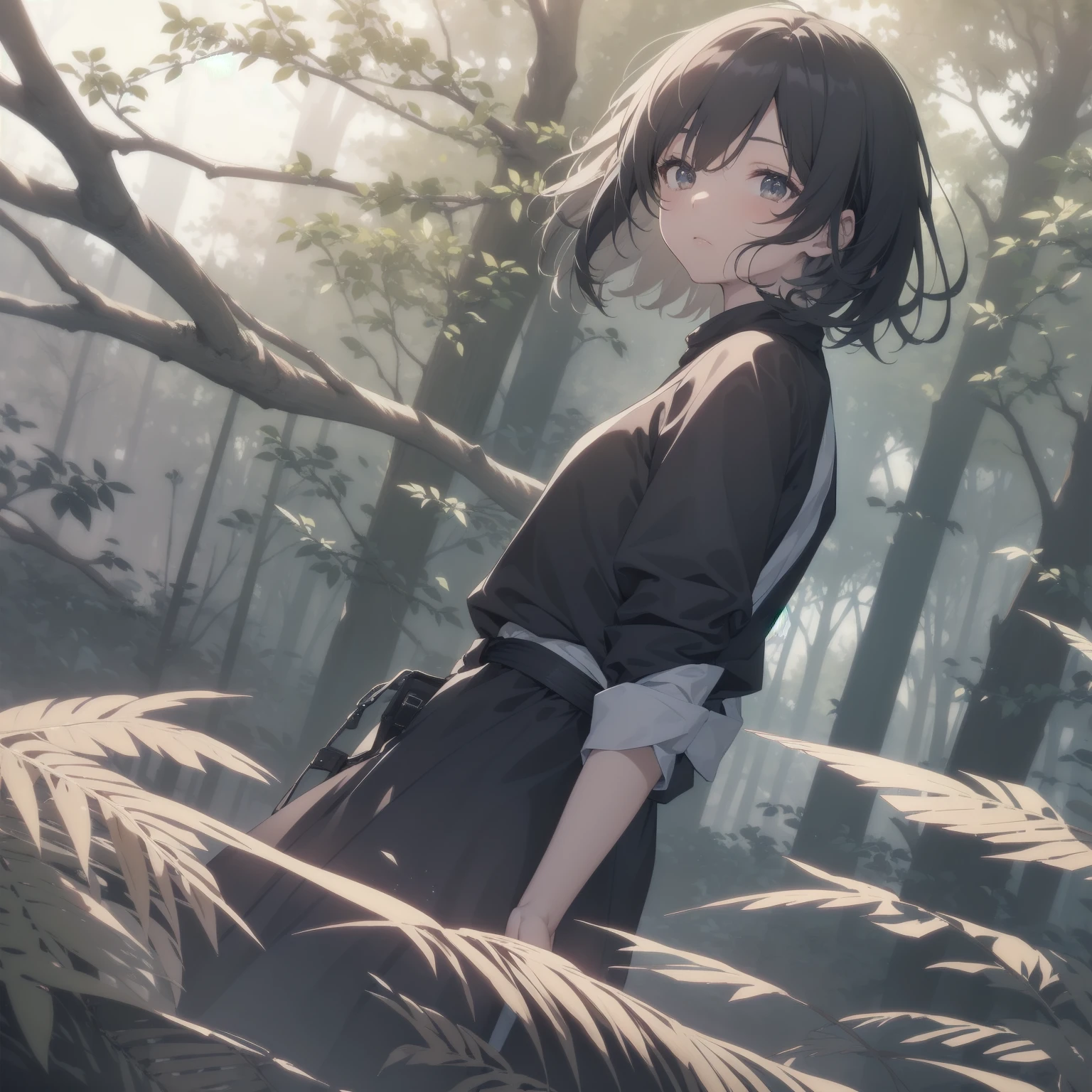 ultra-absurdres-Top quality by artist God, ultra-detailed, high resolution, anime moe artstyle, best anime 8k konachan wallpaper, pixiv contest winner, pool:2810, perfect anatomy,break, 1girl, kunoichi, ninja, (Please draw a ninja girl walking sleepily to forest alone. )break,(Solo,little female, 16-year-old:1.3),Full limbs, complete fingers,(very short hair), short cut, medium breasts, thighs, small butt, small black eyes, beautiful detailed eyes, well-proportioned iris and pupils, expressive eyes, highres detailed hair, expressionless,ninja clothes, bare arms, short kimono, short shorts, scarf, (Detailed Lighting), (Detailed background), night, in the forest. break,super detailed skin, Best cinematic lighting powered by famous artist, 8k,beauty illustration,photoshop_(medium),very aesthetic,break,((artist:izumi_tsubasu )), artist:clamp ,artist:carnelian ,artist:kantoku ,