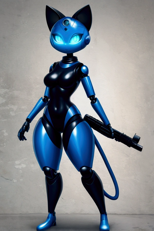 Small, slender, female robot kitty with nice, big thighs and beautiful blue eyes, wearing a full-body black swimsuit, like a police officer..
