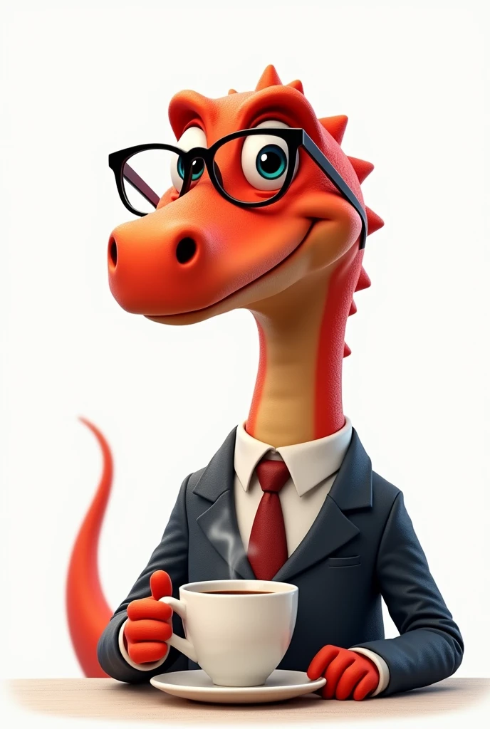 Red colored dinosaur, tender, happy with formal clothes, With glasses, drinking coffee in a white background 