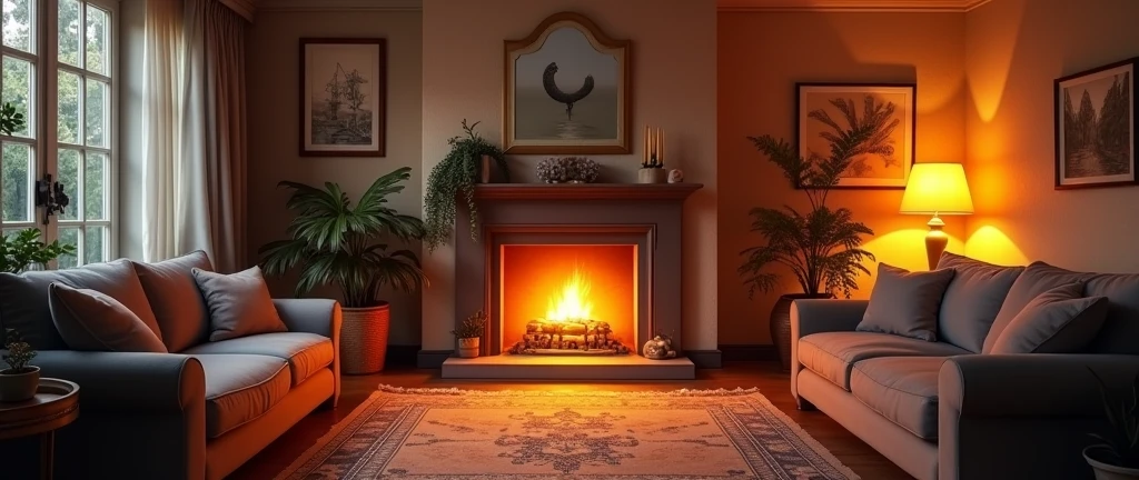 a well-lit living room with a fireplace and sofa, natta, cozy home background, detailed lighting and textures, cozy living room background, cozy place, cozy wallpaper, cozy and calm, cozy envirnment, cozy envirnment, Detailed textures and lighting, cozy room, interior background art, Personal room background, cozy atmospheric, cozy and peaceful environment, relaxing concept art