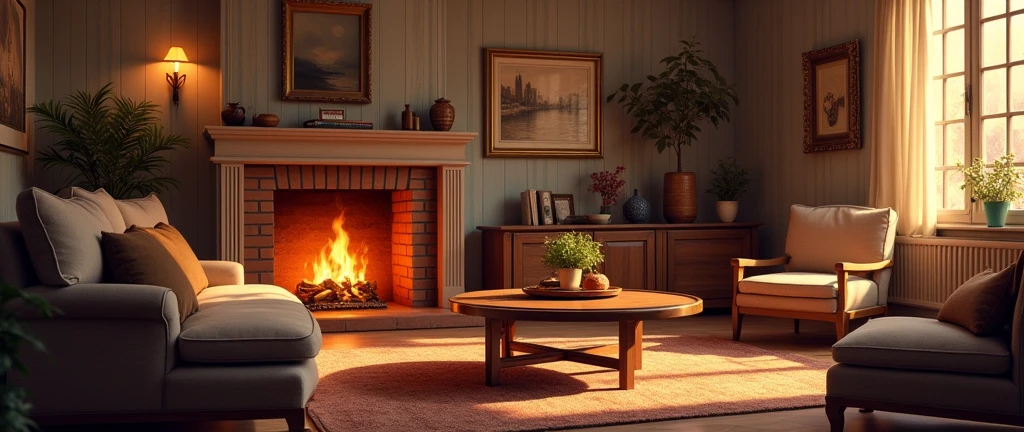 a well-lit living room with a fireplace and sofa, natta, cozy home background, detailed lighting and textures, cozy living room background, cozy place, cozy wallpaper, cozy and calm, cozy envirnment, cozy envirnment, Detailed textures and lighting, cozy room, interior background art, Personal room background, cozy atmospheric, cozy and peaceful environment, relaxing concept art
