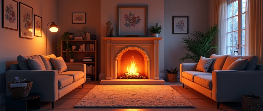 a well-lit living room with a fireplace and sofa, natta, cozy home background, detailed lighting and textures, cozy living room background, cozy place, cozy wallpaper, cozy and calm, cozy envirnment, cozy envirnment, Detailed textures and lighting, cozy room, interior background art, Personal room background, cozy atmospheric, cozy and peaceful environment, relaxing concept art