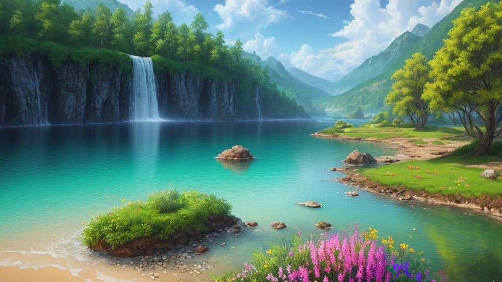 landscape,water,(extremely detailed CG unity masterpiece 32K UHD wallpaper), most beautiful and colorful artwork in the world, hyper-realistic professional majestic oil painting, birds in sky, intricate, High Detail, Sharp focus, dramatic, photorealistic painting art