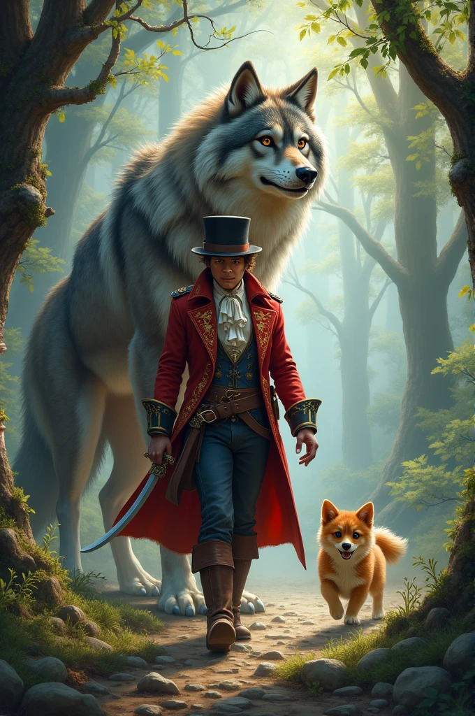 A picture with the characters: the wolf, Puss in Boots and Puppy from the movie " The cat with boots ",