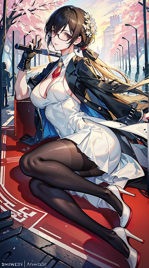 young and beautiful Katherine Newton, Glasses, White dress shirt, The neckline is deep, White mini dress, Black lace,Dark pantyhose, thin high heels with red soles,Surrealism, , Model Diagram,Extra large breasts, Beautiful breasts, Big Ass, Long hair, Ponytail, Blonde Hair, Long legs, 8K, futuristic city, Cherry blossoms,Sweating all over the body,clothes are heavily wet, sunrise, Lof 艺术style ((Shinkai Makoto), cgstation trending, Shinkai Makoto H 2160, Shinkai Makoto, plan, Gurwitz'style, High-quality images, 4K, 8K, solve,((Leaning against the wall,Sideways posture))