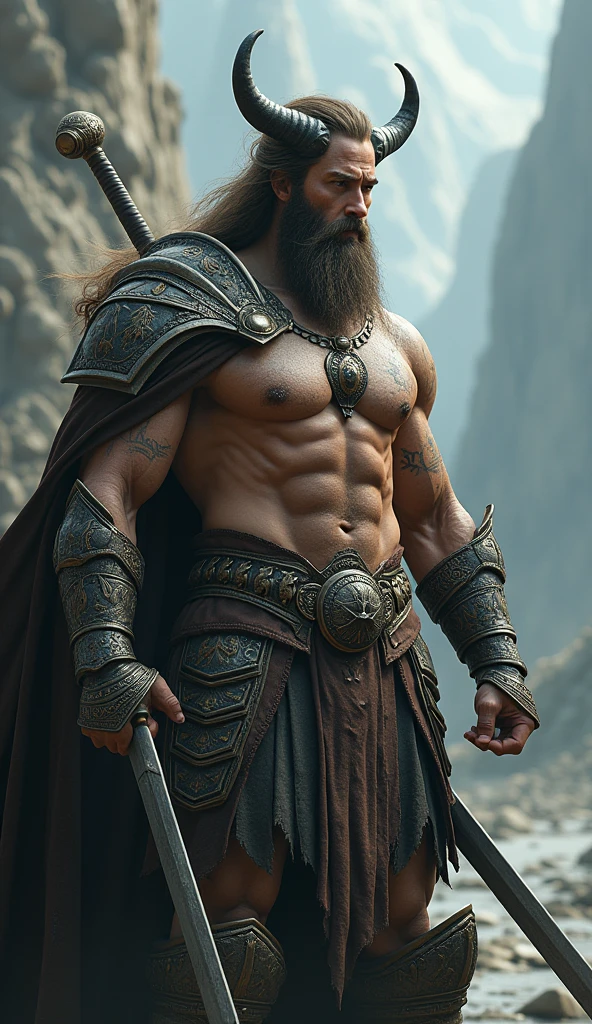 male in a brown outfit with a horned head and a sword, highly detailed character, viking warrior, epic viking king, norse ancient epic hero, muscular long haired with tattoo Philippine God of War, modelshoot style, (extremely detailed CG 8k wallpaper), body photo of the most beautiful artwork in the world, medieval armor, body portrait, Nimrod the first king of Babylon, hunter, barbarian, macho man, majestic professional oil painting by Ed Blinkey, Atey Ghailan, Studio Ghibli, by Jeremy Mann, Greg Manchess, Antonio Moro, trend at ArtStation, trend at CGSociety, Intricate, High Detail, Sharp Focus, Dramatic and Photorealistic Painting Art by Midjourney and Greg Rutkowski AND human dragon hybrid