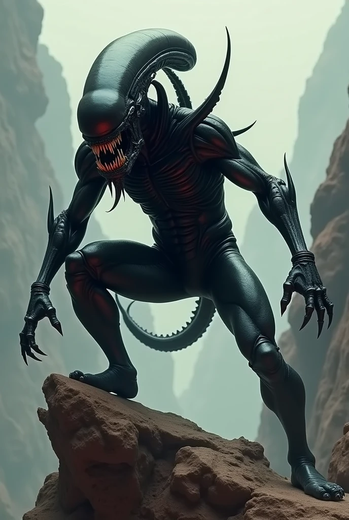 A combination, a man's body wearing a black jumpsuit, with a xenomorph head, in an attacking position on a rock