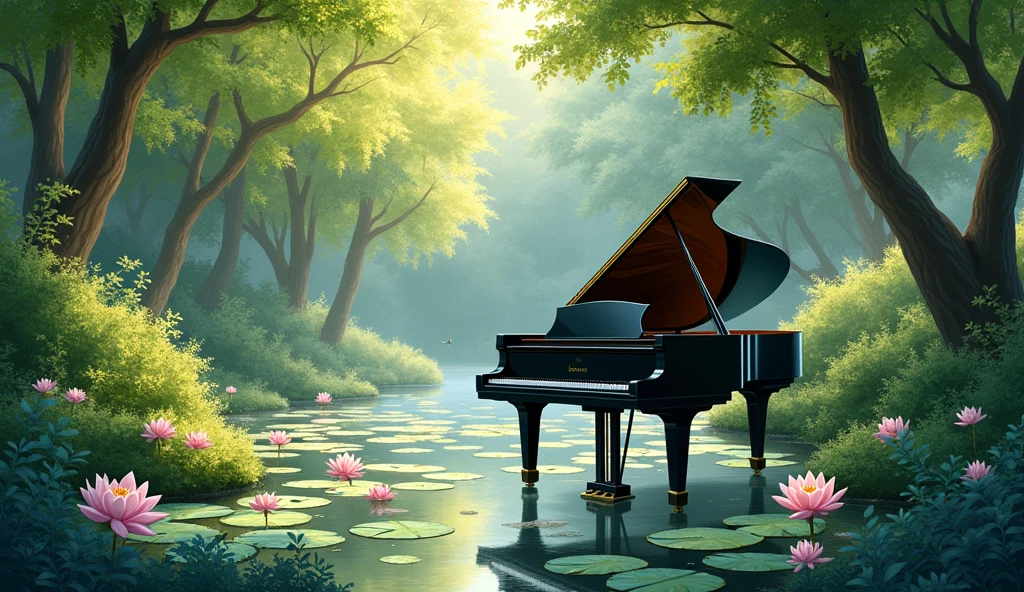 Black grand piano、The statue is placed in front of a pond with blooming water lilies.。Drawn in a realistic watercolor style throughout、There is a quiet atmosphere。The piano is surrounded by lush trees and bushes.、It depicts a corner of a beautiful garden with sunlight streaming in.。