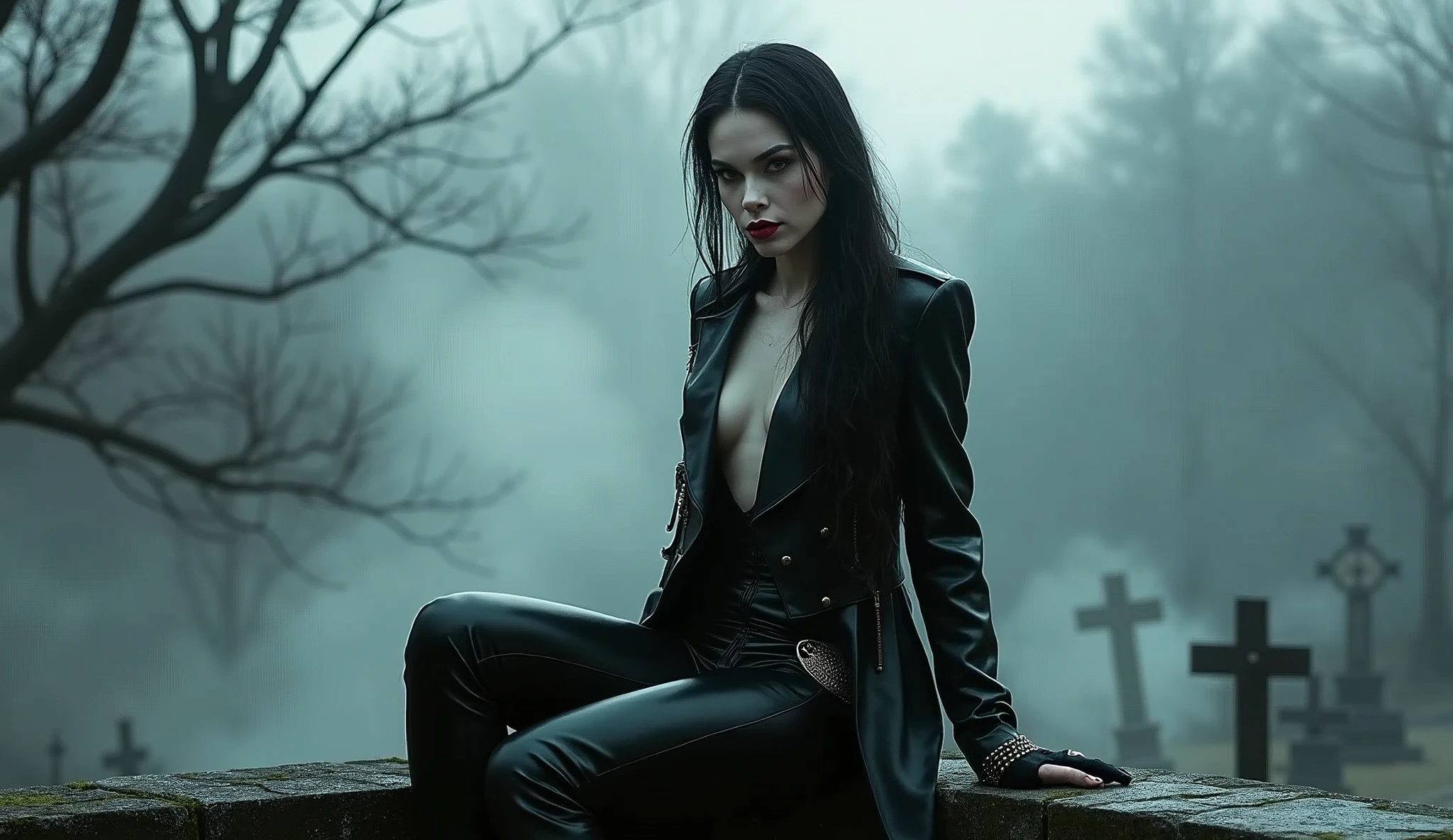 A captivating vampire with porcelain skin and blood-red lips, gracefully perched on the edge of a stone balcony overlooking a mist-covered graveyard. She is adorned in a sleek, black leather outfit with silver accents, and her gaze is both hypnotic and dangerous. The scene is bathed in the soft, ghostly light of the moon, with wisps of fog swirling around her.