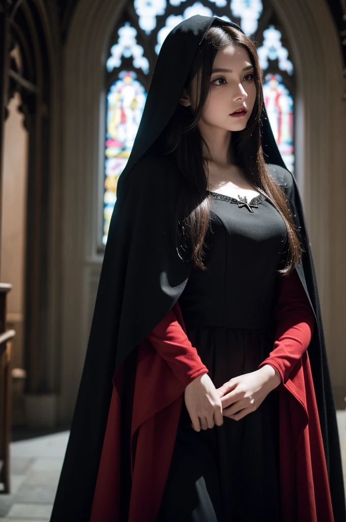 16k, best quality, extremely detailed, ultra quality, ultra highres, masterpiece, beautiful, Raw Photo, beautiful girl, girl dressed in a vampire costume with a red vest and black cape, with cape, high quality costume, wearing black clothes and cape, black cloak from neck to ankles, large cape, vampire, long cape, with a long black cape, long cloak, pale skin, Church at night