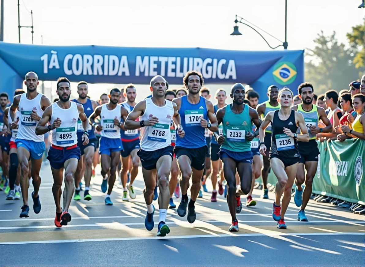 A high-quality photo of a large group of Brazilian people running in a marathon during the daytime. The runners, wearing a variety of colorful athletic gear, are in mid-stride, with expressions of focus and determination. sunlight dapples the ground, creating dynamic shadows. The scene is lively with spectators cheering from the sidelines, and the overall atmosphere is energetic and celebratory. Text written on banner "1ª Corrida Metelurgica"
