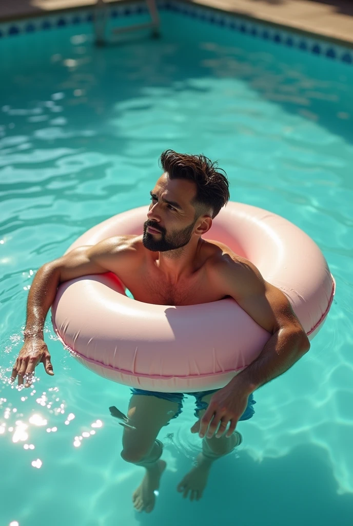 Create an image of a 30-year-old man, sem beard, wearing a tractor inner tube float in a swimming pool and looking forward.