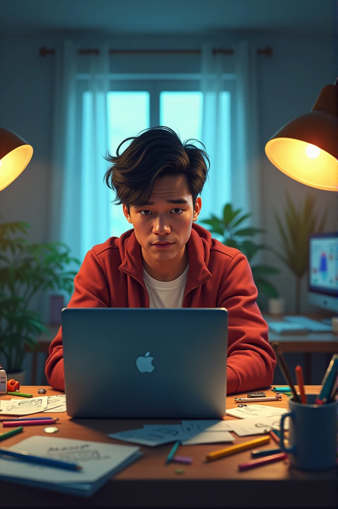 Image Prompt 1: A creative content creator sitting at a desk, brainstorming ideas for a YouTube video. The desk is cluttered with notes, sketches, and a laptop showing a video editing software.