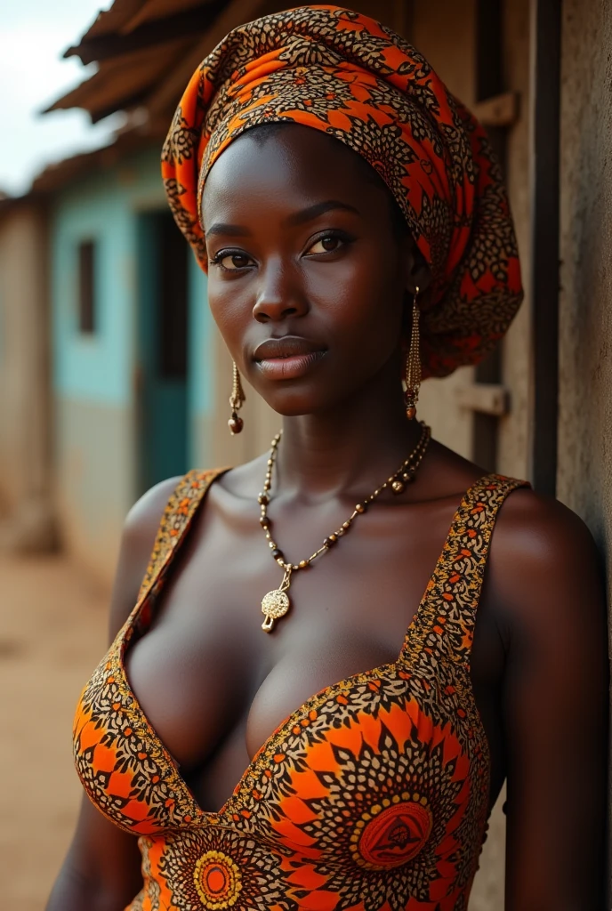 rural Ghanaian woman in traditional dress, sexy cleavage, big breasts (1.3),beautiful, traditional Ghanaian head scarf, simple jewelry, posing for photo, looking straight at viewer, very big breasts, sexy pose, detailed expression, full body (1.2)