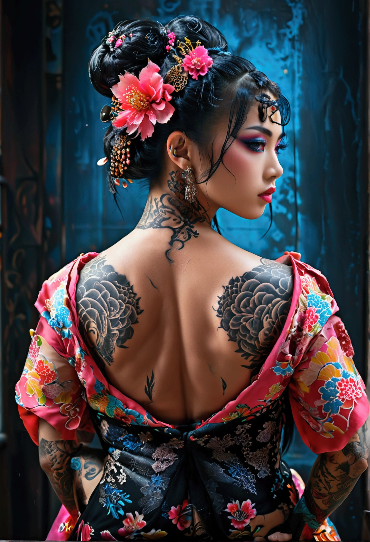 Create a hyper detailed photograph of a tattooed muscular young sexy Geisha , Stunningly perfect gorgeous face, perfect makeup, detailed vibrant neon sapphire eyes, long hair, big beautiful muscular legs, big beautiful muscular arms, big back muscles, perfect body, muscular abs, detailed smooth skin, big breast, big muscular ass, black lace dress,